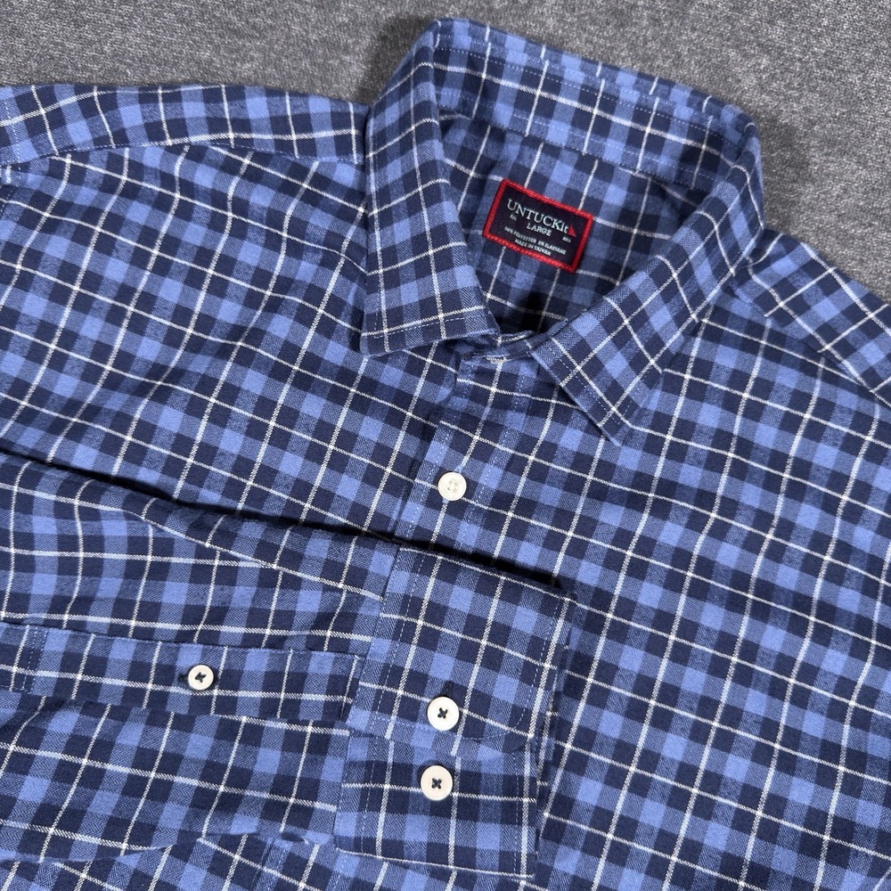 UNTUCKit Button Down Shirt Mens Large Blue Plaid Long Sleeve Stretch Casual